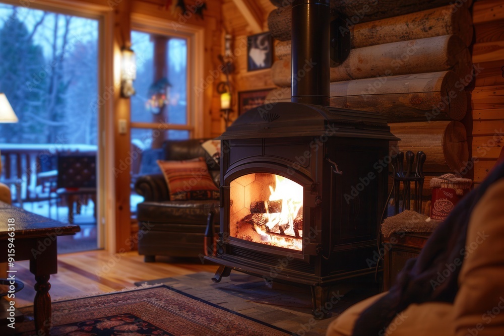 Poster flickering flames dance in a warm fireplace, filling the cabin with light and creating a comforting 
