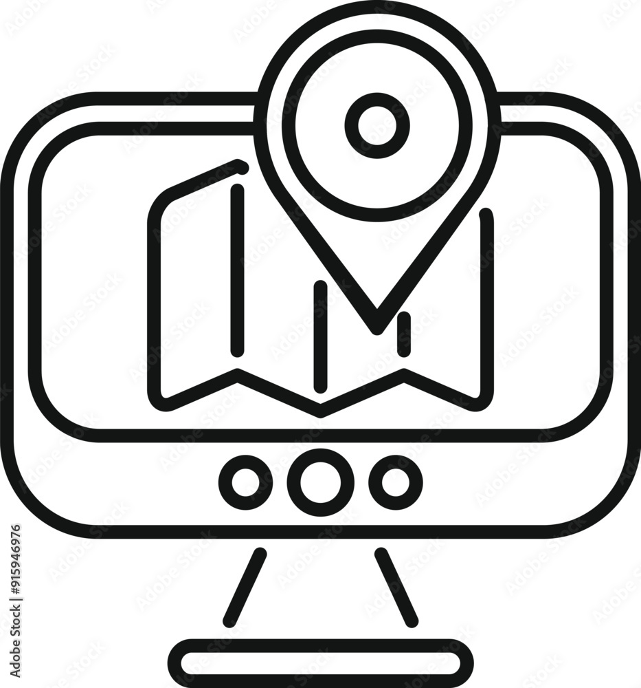 Poster computer is displaying a map with a location pin, symbolizing online navigation and route planning