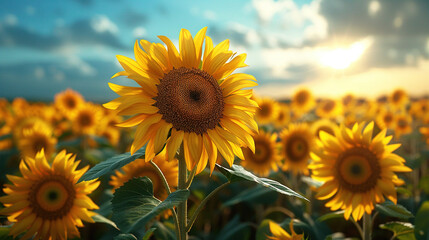 Obraz premium beautiful sunflower on a field in the morning