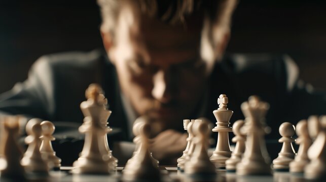 Strategic Chess Master Analyzing Complex Game Strategy with Intense Focus