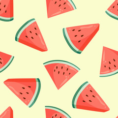 Juicy watermelon slices seamless pattern. Summer fruit flat vector illustration. Tropical fruit background for baby fabric, kids textile, packaging, wrapping, scrapbook, wallpaper.