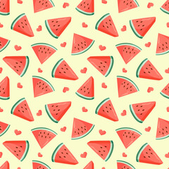 Juicy watermelon slices and small hearts seamless pattern. Summer fruit flat vector illustration. Tropical fruit background for baby fabric, kids textile, packaging, wrapping, scrapbook, wallpaper.