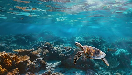 Obraz premium Sea Turtle Swimming in a Vibrant Coral Reef