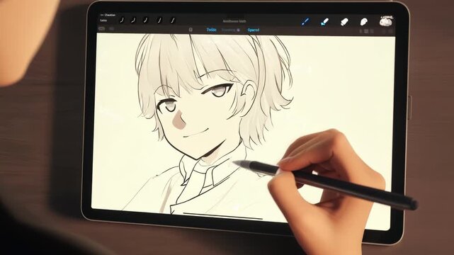 A closeup shot of an animators hand drawing and shading on a tablet bringing a character to life in a digital world.