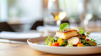 Exquisite Gourmet Creation on Wooden Table in Fine Dining Setting