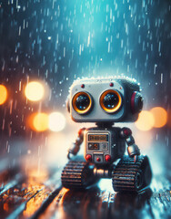 Naklejka premium Small robot, cute rectangular body, treaded wheels, compact head, expressive binocular-like eyes, sad ,going on heavy rain, in the street at night