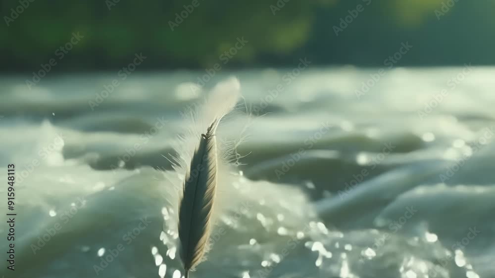 Poster Closeup of a feather gliding above a river the rushing water creating a hypnotizing backdrop for its peaceful journey.
