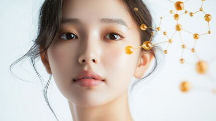 glowing portrait of a young  korean woman with golden skincare serum , comercial ad