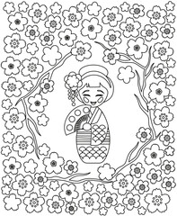 Illustration of coloring page kokeshi doll admiring cherry blossoms. Coloring page seasons of Japan