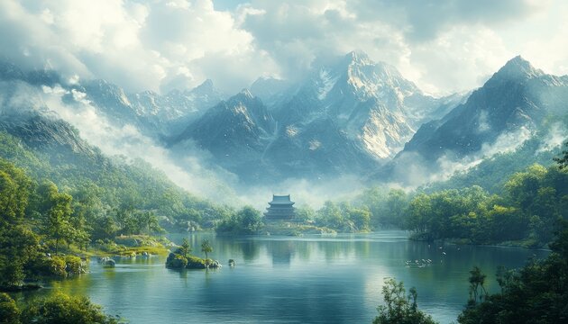 View of the green mountains and the house. Generative AI