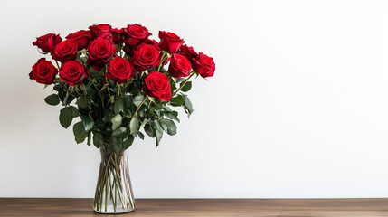 Obraz premium Bouquet of red roses, beautifully arranged in a vase on a wooden table with a white background, creating a striking contrast.