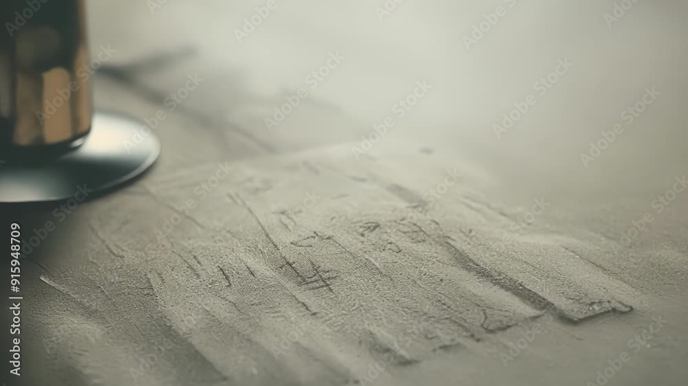 Poster Closeup of a desk covered in a thick layer of dust with the outlines of objects and writing clearly visible in the build up.