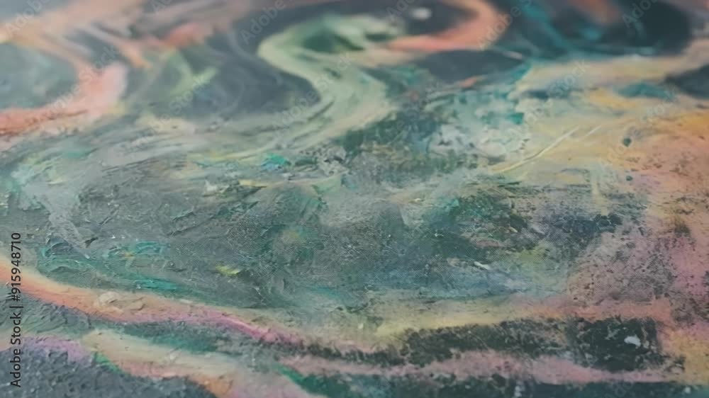 Poster Slow pan across a chalkcovered table capturing the colorful and textured patterns created by different layers of chalk dust.