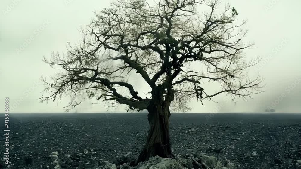 Poster Closeup of a lone tree standing tall amidst a desolate landscape of volcanic ash a symbol of resilience in the face of destruction.