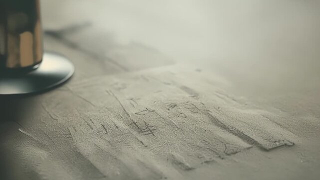 Closeup of a desk covered in a thick layer of dust with the outlines of objects and writing clearly visible in the build up.