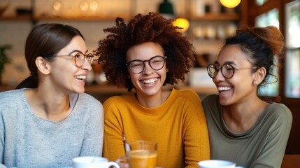 Friends at a coffee shop happily discussing survey questions, social fun