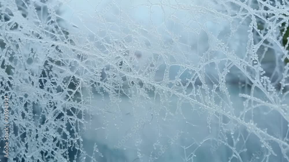Poster The camera slowly moves along a frosted window highlighting the intricate details of a weblike frost pattern with sparkling crystals and delicate lines.
