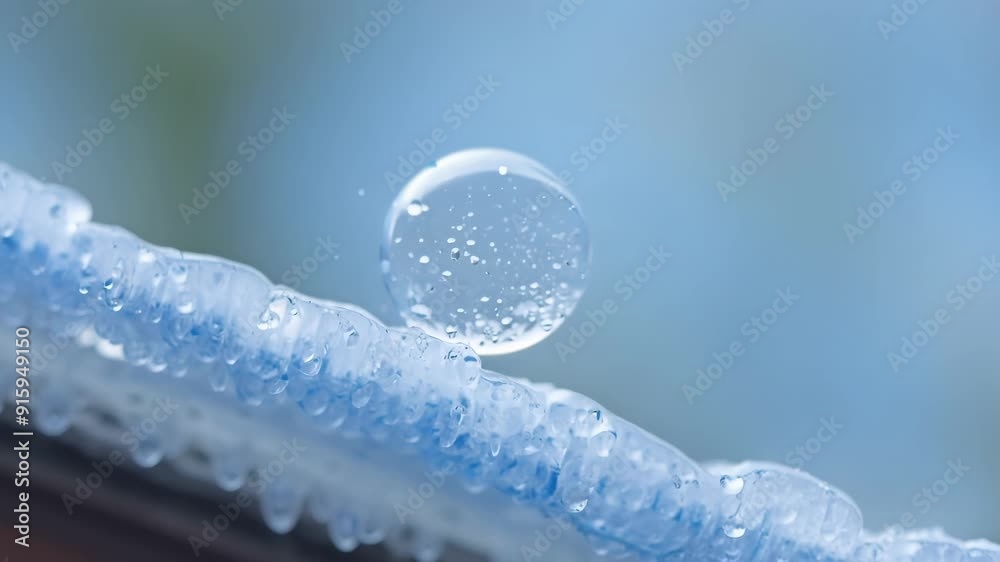 Poster a macro shot of a single icicle its glistening surface melting and releasing droplets of water as it