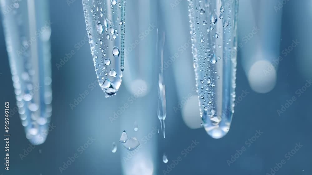 Poster Tight shot of multiple icicles each one releasing a steady stream of water droplets creating a steady rhythm of soft pattering sounds.
