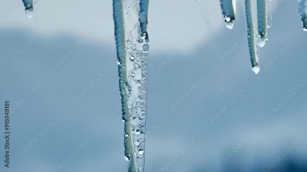 Poster A slow zoom into a large of icicles each one releasing a constant stream of water that accumulates into a small pool on the ground.