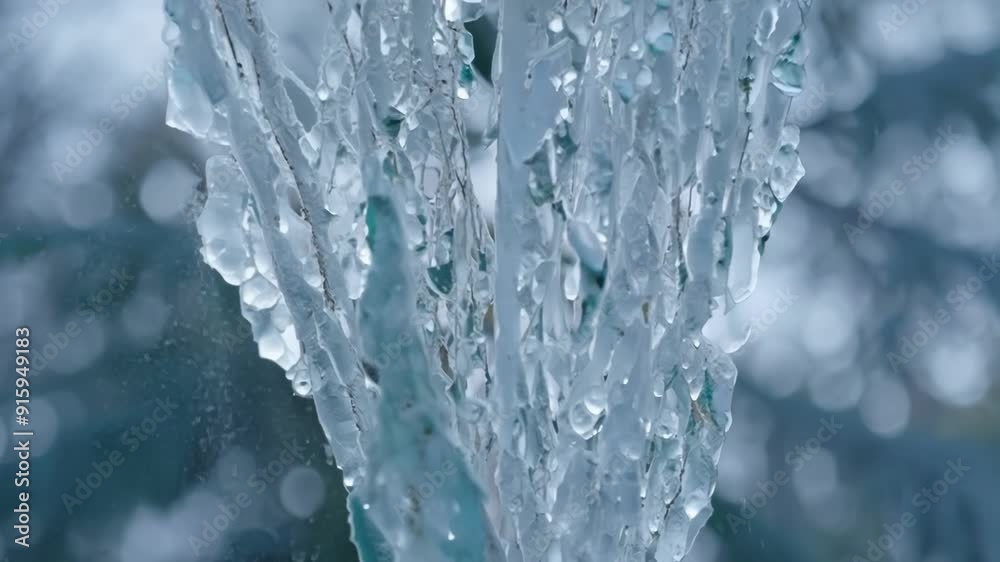 Poster Tight shot of a frozen tree branch bending and cracking under the weight of a heavy layer of ice.