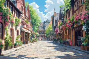 Fototapeta premium A picturesque European tourist location, featuring charming cobblestone streets, historic buildings, and bustling cafes. Abstract image. Generative AІ