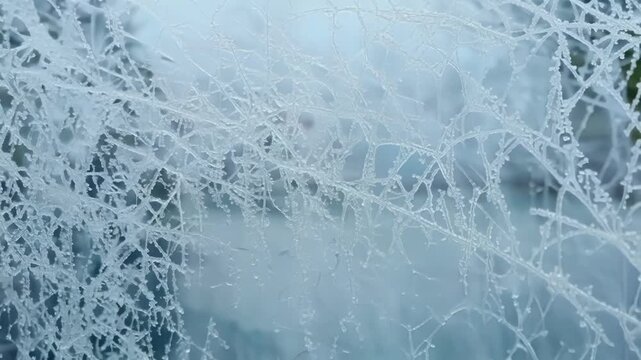 The camera slowly moves along a frosted window highlighting the intricate details of a weblike frost pattern with sparkling crystals and delicate lines.