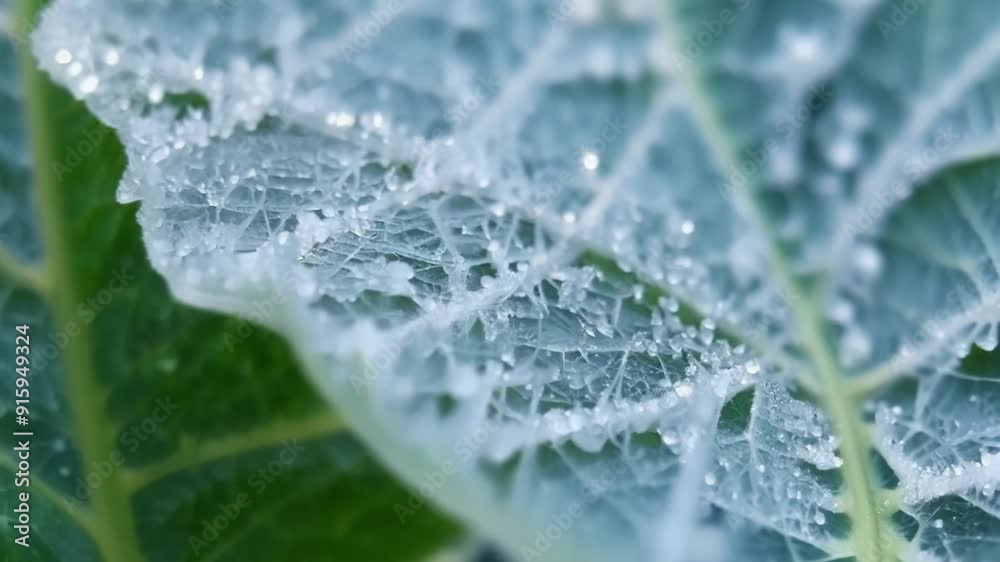Poster Macro shot of a leaf completely covered in tiny ice crystals creating a frosty winter wonderland effect.