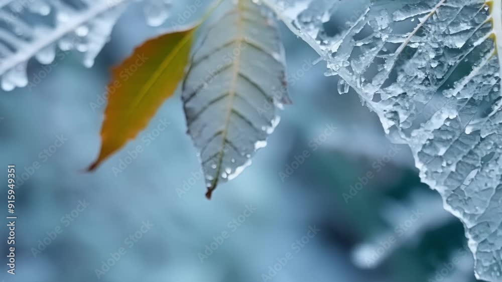 Poster As the camera captures the intricate patterns created by icicles the focus shifts to a single leaf entombed in its frozen prison.