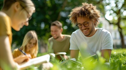 Happy Friends in Park Participating in a Fun Questionnaire, Enjoying Outdoor Activities and Laughter