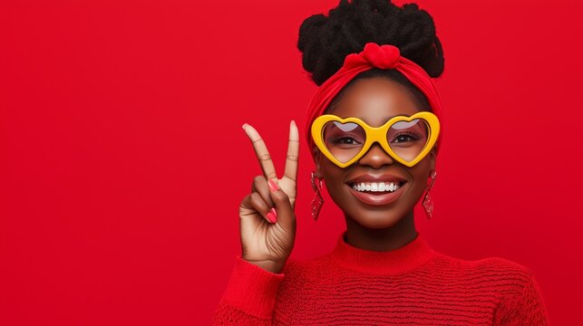 A woman wearing red glasses and a yellow headband is smiling and holding her hands together in a peace sign
