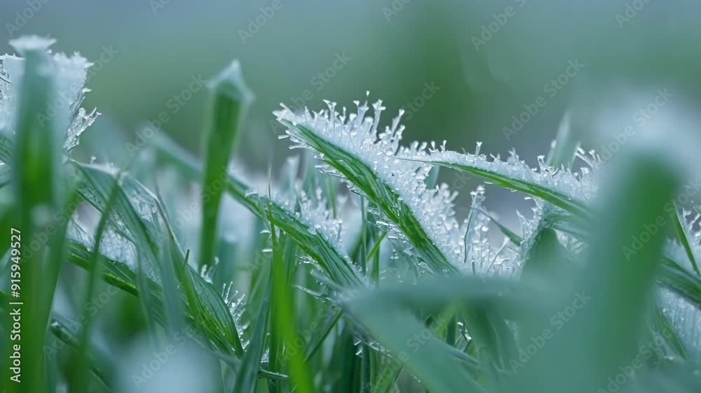 Poster the camera focuses on a small section of frozen grass showcasing the varying shades of blue green an