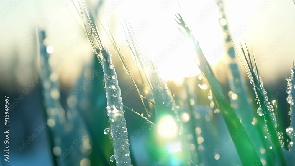 Aufkleber a macro shot of frozen grass with tiny frozen water droplets clinging to the tips resembling sparkli