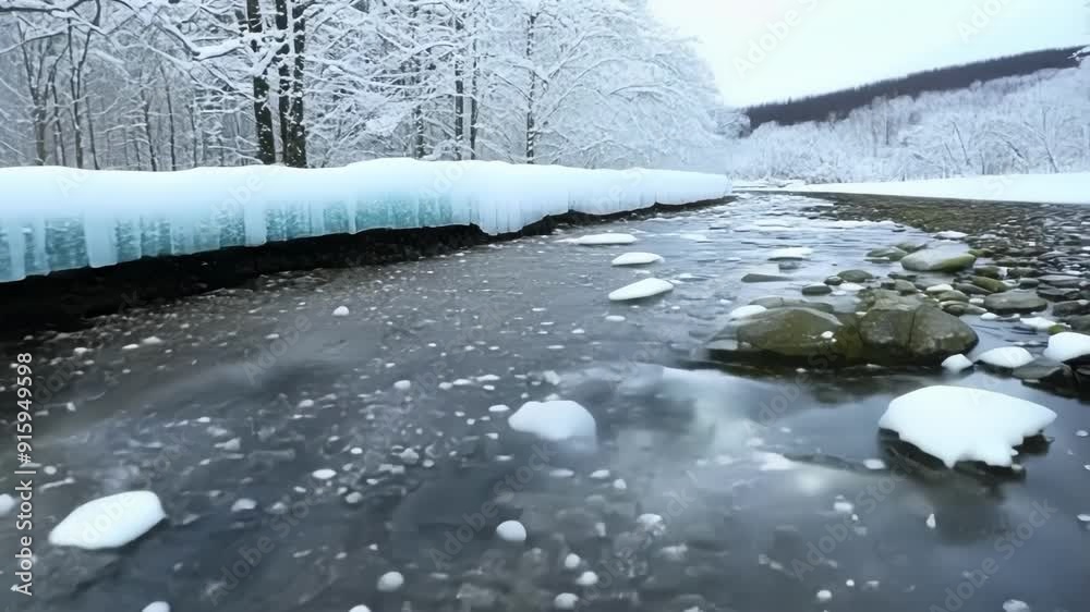 Leinwandbilder The camera focuses on a shallow stream with smooth ice formations encasing the edges creating a perfect frame for the flowing water.