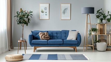 Large wooden lounge featuring a blue vintage sofa and retro lamp in Scandinavian style