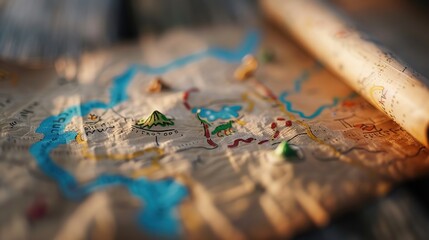 Naklejka premium Mystical Journey: Ancient Map Featuring Evolutionary Creatures on Target Path