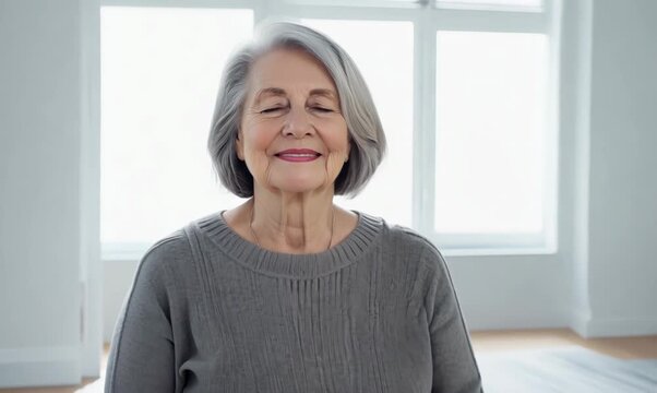 Group portrait video of a woman in her 60s practicing mindfulness sophrology relaxation & stress-reduction wearing a chic cardigan against a minimalist or empty room background