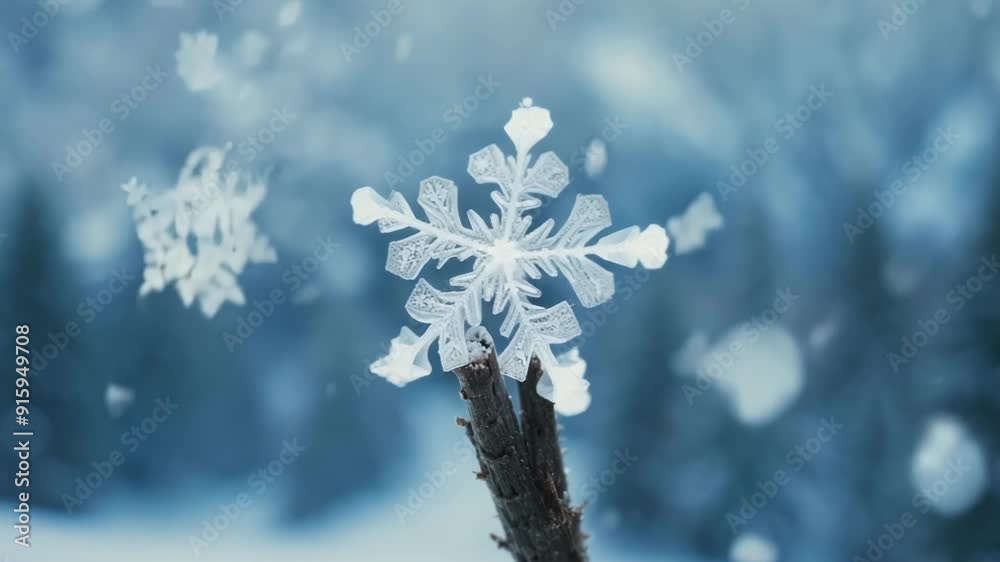 Poster Macro shot of a snowflake landing on a barren branch adding to the picturesque winter scene.