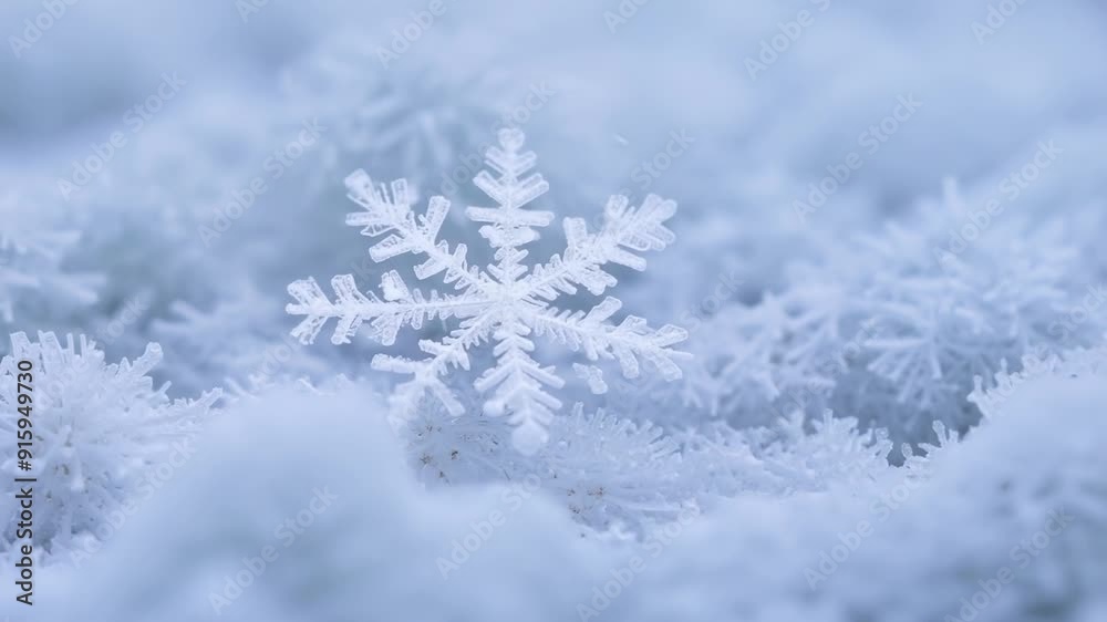 Poster Macro shot of a snowflake landing on a snowy surface creating a small ripple effect before melting away.