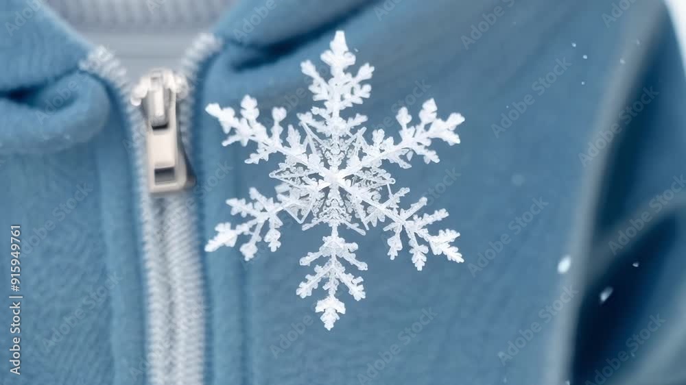 Poster A closeup view of a snowflake resting on a piece of winter clothing showcasing the microscopic details and complex structure of each flake.
