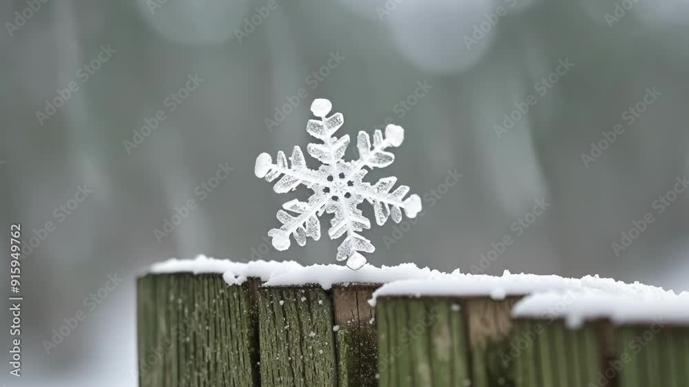 Poster Macro shot of a snowflake landing on a fencepost highlighting the serene and tranquil atmosphere of a snowy winter day.