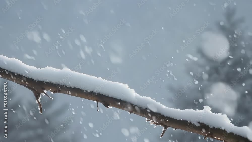 Fototapete A slowmotion shot of large snowflakes accumulating on a thin branch creating a fragile and delicate appearance.