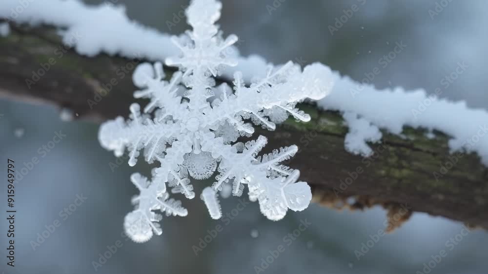 Poster A closeup of a snow crystal on a tree branch showcasing its pure white color and delicate structure.