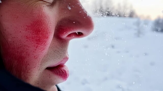 Zoomedin shot of a persons red bright and flushed from the cold surrounded by the contrasting white of freshly fallen snow.