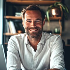 Smiling businessman in modern office environment. Professional man sitting at desk with bookshelf in background. Warm and inviting work atmosphere. Perfect for business or lifestyle concepts. AI