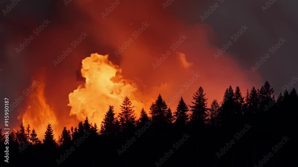 Poster Zoomedin view of vibrant red and yellow flames engulfing the edges of a darkened forest creating an eerie glow in the darkness.