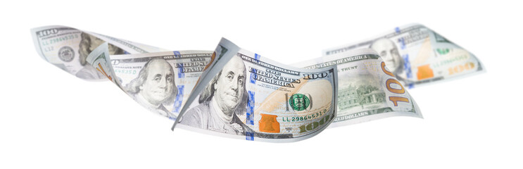 Set of Hundred Dollar Bill Horizontal Floating Isolated. Transparent PNG.