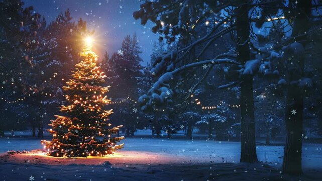 Snowy Christmas Scene: A Winter Forest with a Glowing Christmas Tree, Icy Trees, and a Magical Atmosphere Under the Blue Sky