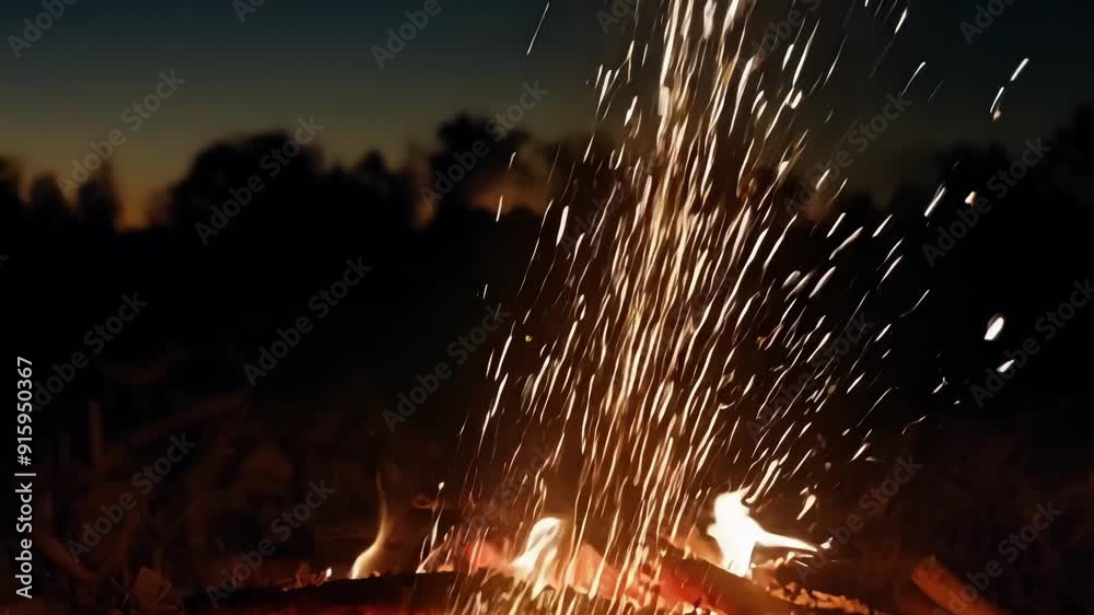 Poster small sparks dance and weave a the campfire embers creating a mesmerizing display of red and gold ag
