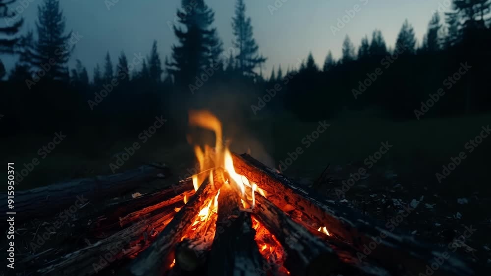 Poster a lone ember glows brightly in the center of a dying campfire creating an intimate and peaceful scen